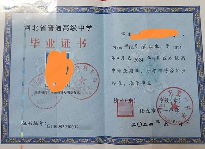 鄂尔多斯任丘市第一中学高中毕业证样本图片